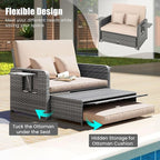 Tangkula Patio Rattan Daybed with 4-Level Adjustable Backrest, Outdoor PE Wicker Loveseat with Storage Ottoman & Folding Side Table, Double Sunbed for Balcony, Backyard & Poolside, Beige & Grey
