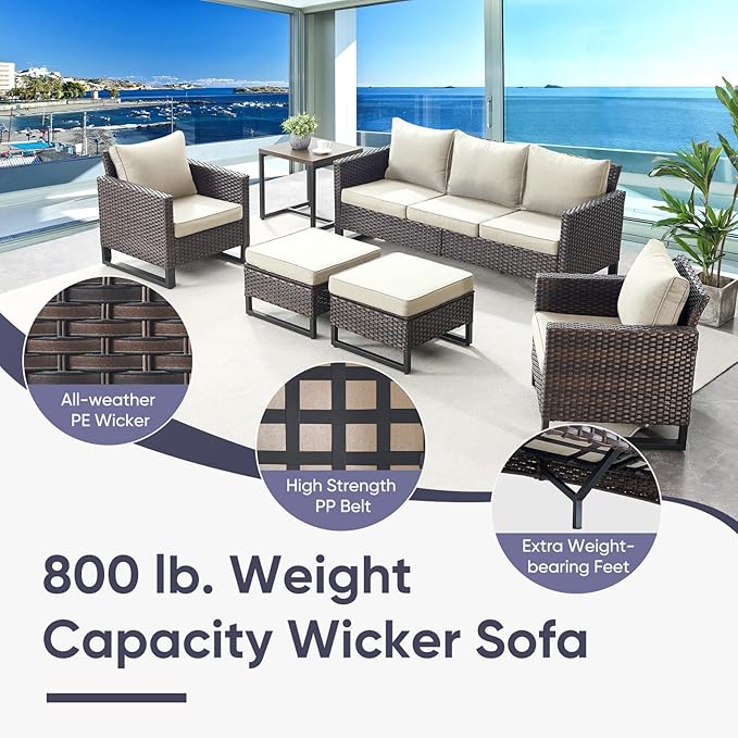 Belord Wicker Patio Furniture 5 Piece Outdoor Sofa Set, Oversize Outdoor Dining Chairs with Rattan Ottomans, Conversation Sets Patio Furniture Come with Removable Cushion Beige, Anti-Rust Frame