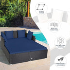 RELAX4LIFE Rattan Patio Outdoor Daybed, Wicker 2-Person Sunbed Loveseat with Soft Cushions, 4 Pillows, Curved Backrest & Armrest, Double Bed Lounger Sofa Set for Balcony Porch, Patio Bed (Navy)