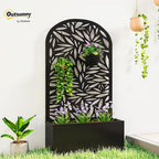 Outsunny Metal Raised Garden Bed with Trellis for Climbing Plants, Freestanding or Wall Mounted Flower Bed with Cueved Privacy Panel, Leaves Cut-Out Outdoor Planter Box for Garden, Patio, Balcony