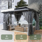 Aoxun Hardtop Gazebo 10x12, Aluminum Frame Canopy with Double Galvanized Steel Roof, Outdoor Gazebo with Breathable Netting and Privacy Curtain for Backyard