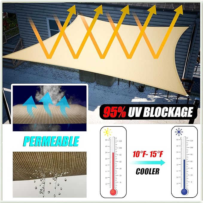 Amgo 8' x 8' x 8' Beige Triangle Sun Shade Sail UPF50+ Canopy Awning AGSLT, 95% UV Blockage, Water & Air Permeable, 200GSM Heavy Duty Commercial and Residential (We Make Custom Sizes)