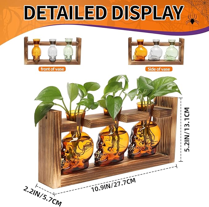 Terrarium Skull Propagation Station, 3 Amber Glass Vases with Wood Stand