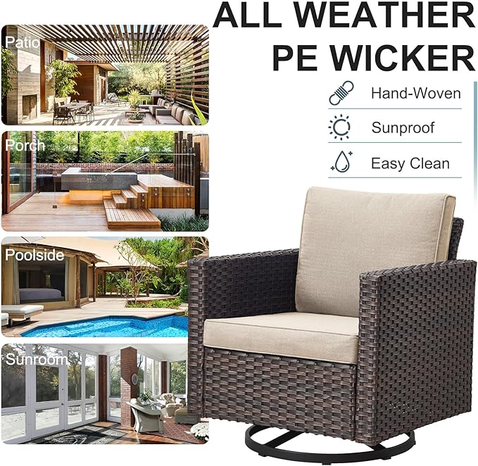 Belord Outdoor Bistro Set 3 Piece Wicker Swivel Rocker Patio Chairs, Oversize Outdoor Rattan Seating Set, Patio Swivel Glider Chairs Wicker Furniture with Metal Side Table for Porch Backyard, Brown