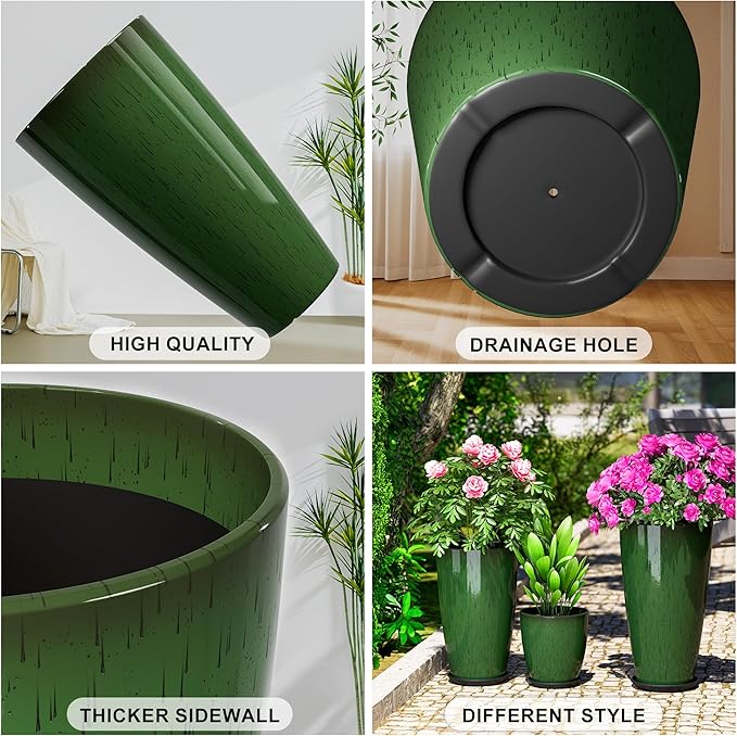 QCQHDU 24,21,11 inch Large Planters with Drainage Hole & Saucer, Set of 3 Plant Pots Tall Planter for Indoor & Outdoor Plants Home Modern Decor