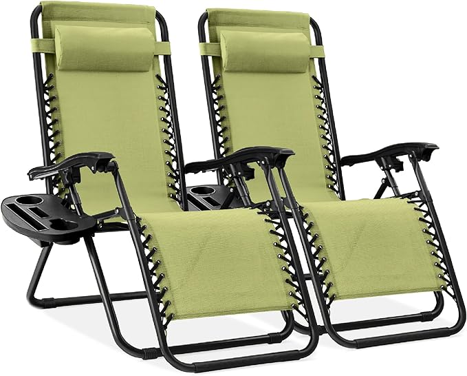 Best Choice Products Set of 2 Adjustable Steel Mesh Zero Gravity Lounge Chair Recliners w/Pillows and Cup Holder Trays - Dusty Green/Black