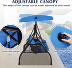 Grepatio Outdoor Porch Swing with Canopy and Stand, 3 Person Patio Swing for Adults, Convertible 2 in 1 Porch Bed Swing with Cup Holder, 3 Seat Swings with 2 Pillow Cushions for Garden, Yard (Blue)