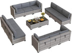 12-Seat Modular Patio Furniture Set – Outdoor Wicker Sectional Sofa with Thick 4″ Cushions, Dual-Strand PE Rattan, Rust-Resistant 18 mm Steel Frame, Backyard Garden Deck Lounge,Gray