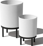Veradek Demi Series Round Planter w/Stand for Porch/Patio | Durable Plastic-Stone Composite & Wooden Stand | Modern Décor for Tall Plants, Flowers