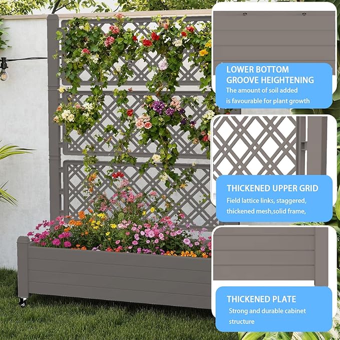 Mobile Garden Planter with Trellis & Lockable Wheels, Outdoor Raised Bed with Drainage & Water Gauge, Weather-Resistant Resin for Patio, Balcony, Yard, Dust-Resistant (Grey, 43.43*18.27*64.29)
