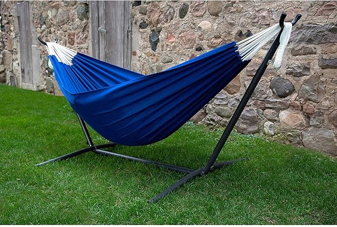 Vivere Double Polyester Hammock with Space Saving Steel Stand and Premium Carry Bag - 450 lb Capacity (Royal Blue)