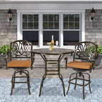 VIVIJASON 3-Piece Patio Swivel Bar Stools Set, All Weather Cast Aluminum Outdoor Bar Height Bistro Set with 2 Cushioned Bar Chairs & 38.5" High Bar Table w/Umbrella Hole for Backyard, Lawn, Garden