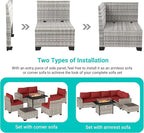 7-Piece Outdoor Patio Furniture Set with 55,000 BTU Fire Pit Table, PE Wicker Rattan Sectional Sofa Patio Conversation Set with Thickened Cushions & Coffee Table, Red
