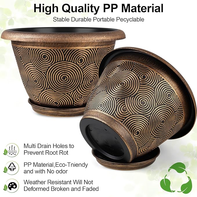 14 Inch Large Planter Pot for Plants Indoor Outdoor, 4 Pack Plastic Flower Pots with Drainage Hole & Tray, Modern Decorative Garden Pot with Saucer, Plant Container for House