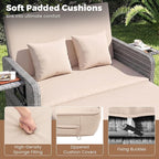 HAPPYGRILL Patio Rattan Wicker Daybed with Loveseat & Storage Ottoman, Outdoor Lounge Sofa Furniture Set with Adjustable Backrest & Side Trays, for Poolside Deck Porch Lawn (Mix Grey & Beige)