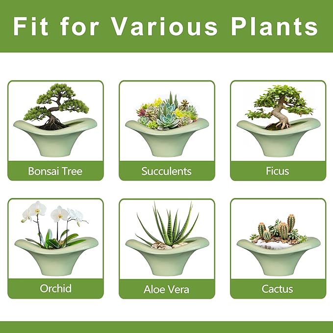 Ceramic Bonsai Pots - Large Succulent Planter 13 Inch Plant Pot Indoor Succulent Pot with Drainage Hole Outdoor Planter Bonsai Tree Pot for House Home Garden Office Decor Green