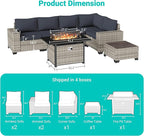 7 Pieces Outdoor Patio Furniture Set with 55,000 BTU Propane Fire Pit Table, PE Wicker Rattan Sectional Sofa Patio Conversation Set with Coffee Table, Dark Grey