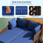 Tangkula Outdoor Rattan Double Daybed, Boho Wicker Chaise Lounge for 2 with Seat & Back Cushions, Outdoor Sunbed Loveseat with Metal Support for Backyard, Poolside & Deck (Navy)