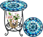 Outdoor Side Table Round Small Mosaic Patio Accent Indoor End Plant Coffee Tea Table for Yard Patio Porch Garden Living Room, Bedroom(Mandala Style,16 Inch)