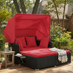 Tangkula Patio Rattan Daybed with Retractable Canopy, Outdoor Wicker Sunbed Lounger with 2 Foldable Side Tables, Thick Seat & Back Cushions, Outside Double Daybed for Garden, Backyard, Porch, Red