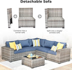 ovios 6 Pieces Patio Furniture Set, Outdoor Wicker Sectional Sofa with Glass Table Comfy Cushions, Modern Modular Deep Seat Couch Rattan Conversation Set, Denim Blue