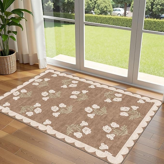 Outdoor Rug, 3x5 Tan Floral Entry Mat, Machine Washable