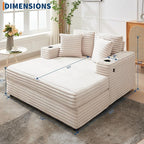 GarveeHome 60-inchOversized Chaise Lounge Chair Indoor, Comfy Corduroy Lounge Sofa with Charging Station, Cup Holders & Throw Pillows, Cozy Sleeper Couch for Living Room Apartments, Beige