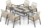 7 Pieces Patio Dining Set, 6 x Woven Rattan Chairs with Waterproof Cushion, 59" Rectangular Metal Dining Table with Umbrella Hole, Outdoor Table and Chairs Set for Backyard Lawn and Deck, Beige