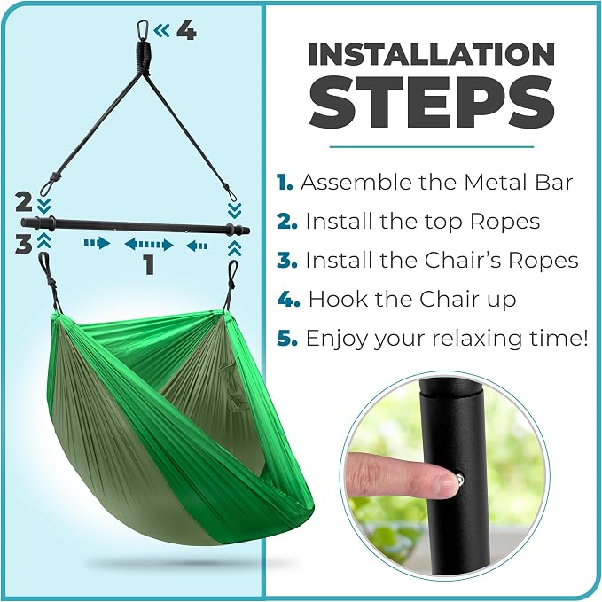 Hammock Chair in Green Fabric, 500 lb Capacity, Foldable Indoor Outdoor