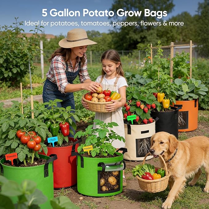 5 Gallon Potato Grow Bags: Set of 5 Colorful Gardening Supplies Fabric Pots with Harvest Window Reinforced Handles - Planting Container for Vegetable Tomatoes Carrot Flowers Balcony Patio Use