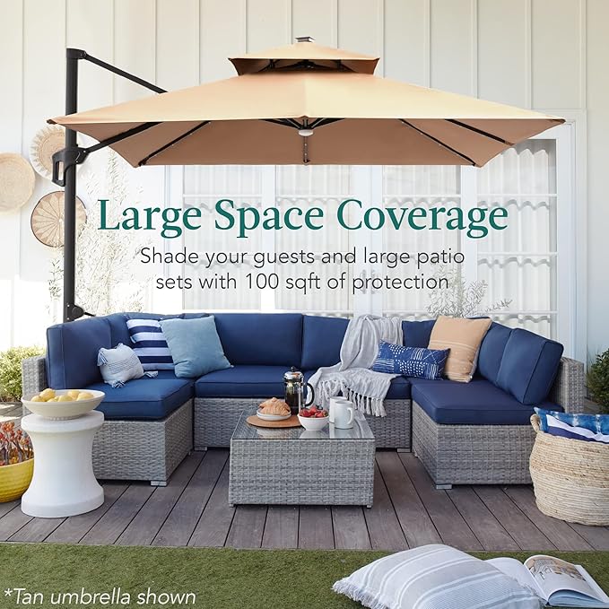 Best Choice Products 10x10ft Cantilever Patio Umbrella w/Base Included, Solar LED Lights 360 Rotation Large Offset Hanging Outdoor Shade for Deck Pool Backyard w/Stand – Fog Gray