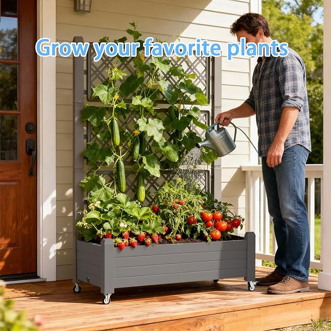 Mobile Garden Planter with Trellis & Lockable Wheels, Outdoor Raised Bed with Drainage & Water Gauge, Weather-Resistant Resin for Patio, Balcony, Yard, Dust-Resistant (Grey, 43.43*18.27*64.29)