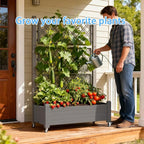 Mobile Garden Planter with Trellis & Lockable Wheels, Outdoor Raised Bed with Drainage & Water Gauge, Weather-Resistant Resin for Patio, Balcony, Yard, Dust-Resistant (Grey, 43.43*18.27*64.29)