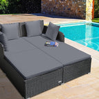 RELAX4LIFE Rattan Patio Outdoor Daybed, Wicker 2-Person Sunbed Loveseat with Soft Cushions, 4 Pillows, Curved Backrest & Armrest, Double Bed Lounger Sofa Set for Balcony Porch, Patio Bed (Grey)