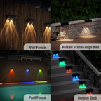 8-Pack Multi-Color Solar Spotlights for Fence & Wall - 30 Lumen High Brightness, 5 Modes (RGB Color Changing + Warm White) | Easy Mount for Steps, Patio, Yard - Matte Black