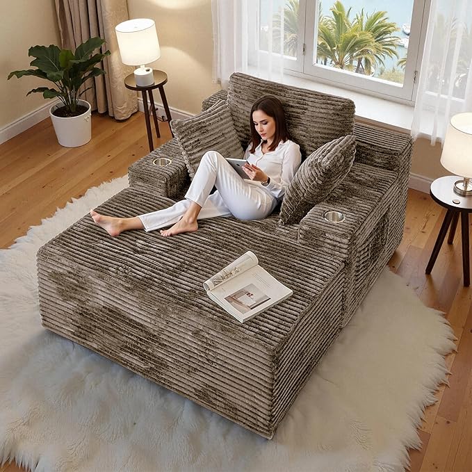 CHORRO67 Chaise Lounge Chair Indoor,Oversized Boneless Single Sleeeper Couch Bed,Corduroy Cloud Sofa with 3 Soft Pillows for Livingroom,Bedroom,No Assembly,(Khaki)