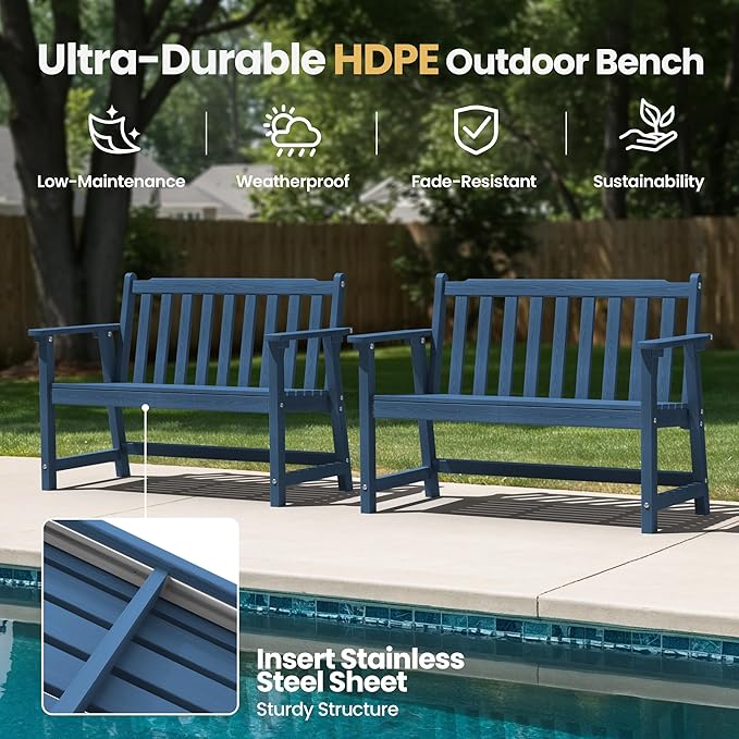 Ciokea 48" Outdoor Bench, HDPE Weatherproof Porch Bench, 2-Person Garden Benches with 550 Lbs, Waterproof Patio Benches for Outside Balcony Deck Backyard, Navy Blue