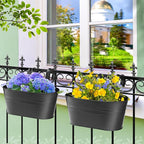 MADHOLLY Railing Planter with Drainage Holes - Sturdy Bucket Pots for Railing Fence, Countryside Style Metal Flower Pots for Herbs Balcony Garden Yard Decor, 2Pcs, Black