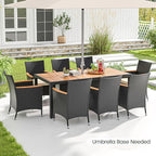 Tangkula 9 Pieces Rattan Outdoor Dining Set for 8, Outdoor Acacia Wood Table Set with 8 Cushioned Wicker Chairs, Umbrella Hole, Patio Dining Furniture Set for Deck Pool Backyard