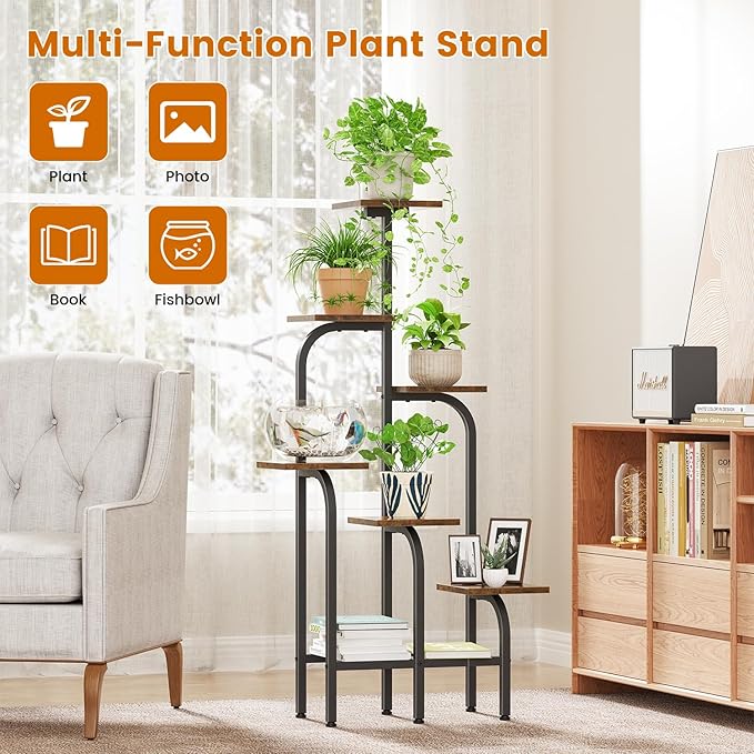 6 Tier Plant Stand Indoor, Plant Shelf for Multiple Plants, Flower Pot Holder Shelf, Planter Display Rack for Patio Garden Balcony Living Room Bedroom Decor, Rustic Brown