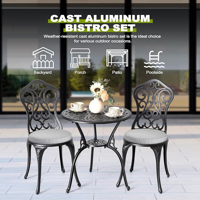 3-Piece Patio Bistro Set with Cast Aluminum Frame and Gray Olefin Cushions