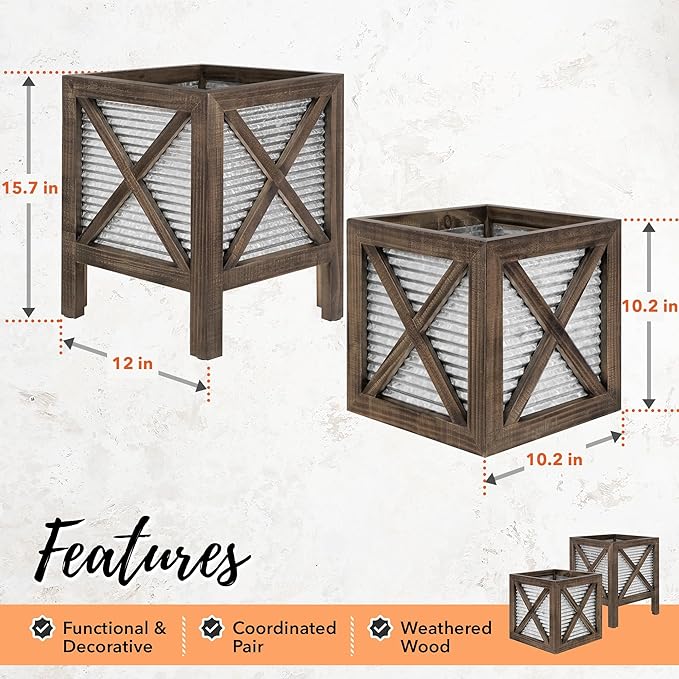 Autumn Alley Farmhouse Front Porch Planters Set of 2 Stand with Galvanized Corrugated Metal Planter for Outdoors/Indoors - Rustic Wood Square Planters Box on Legs – Charming Farmhouse Décor, Brown