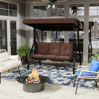 U-MAX Porch Swing Chair with Adjustable Backrest&Canopy, 3 Seat Patio Swing with Canopy 2-in-1 Convertible Outdoor Swing with Canopy Patio Daybed with Removable Brown Cushions for Adults