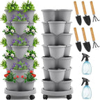Umigy 2 Set Light Gray 7 Tier Stackable Vertical Planters with Removable Wheels and Tools Tower Planters Strawberry Herb Flower Vegetable Pots Indoor Outdoor Gardening Pots
