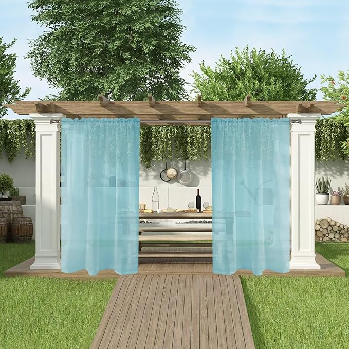 SpaceDresser Waterproof Outdoor Sheer Curtains for Patio - 2 Panels Rod Pocket Indoor Voile Sheer Curtain for Living Room,100W x 108L inch, Aqua