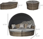 Outsunny 4-Piece Round Convertible Daybed with Cushions, Outdoor PE Rattan Patio Wicker Sofa Set, Sunbed with Adjustable Sun Canopy, Sectional Sofa, 2 Chairs, Table, 3 Pillows, Gray