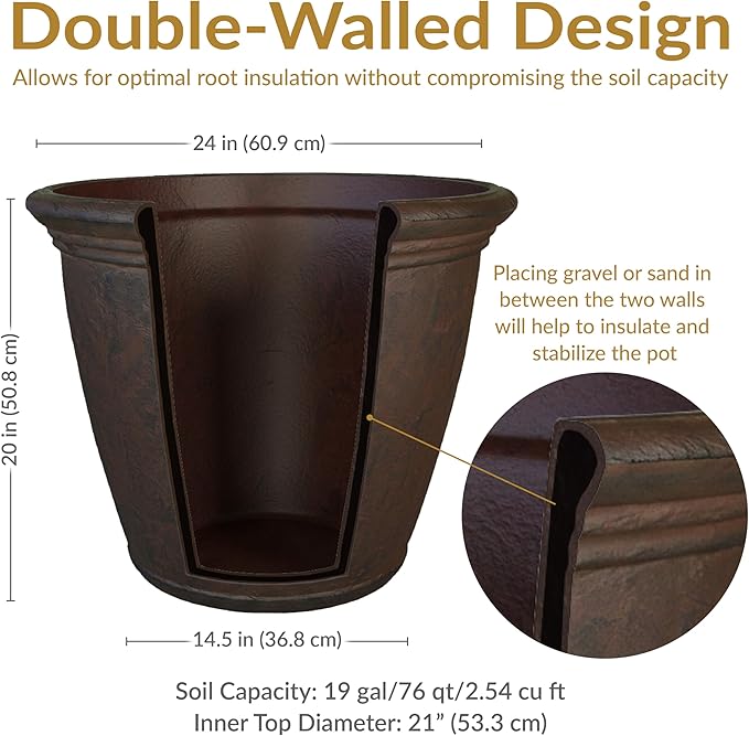 Sunnydaze 24-Inch Anjelica Large Plastic Pot for Plants - Outdoor Double-Walled Large Plastic Planter with Drillable Drainage Holes- Rust