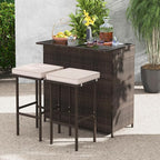 Tangkula 3 Piece Patio Bar Set, Outdoor Rattan Bar Table and 2 Stools with Tempered Glass Tabletop, 2-Tier Storage, Removable Cushions, Outside Wicker Conversation Set
