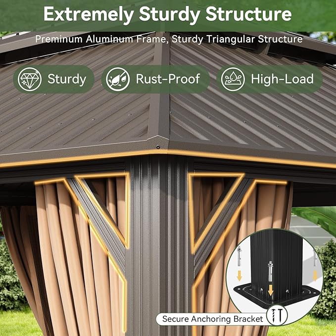 Aoxun 20x12 Gazebo Outdoor Hardtop Gazebo with Double Galvanized Steel Roof, Metal Frame Pavilion with Breathable Netting and Privacy Curtain for Backyard (Brown)
