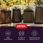 Keter Signature 21.6 Inch Tall Square Large Wood Look Planter for Indoor or Outdoor Flower Pot Ideal for Patio Deck and Front Porch Decor, Rosewood